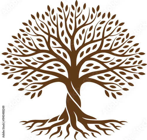 Black and white tree of life illustration, minimalist nature silhouette with roots and branches, abstract botanical design isolated