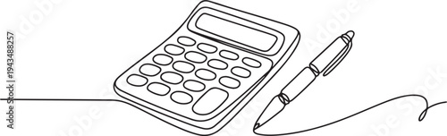 Continuous one line drawing calculator with pen. Budget planning concept. Single line draw design vector graphic illustration. one line Icon drawing
