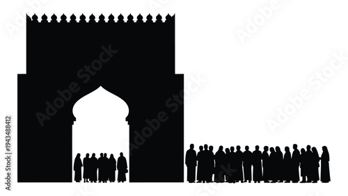 A large group of people standing in front of a castle gate