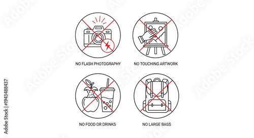 Universally recognized graphic symbols illustrating important regulations and prohibited actions for visitors in public venues and cultural institutions