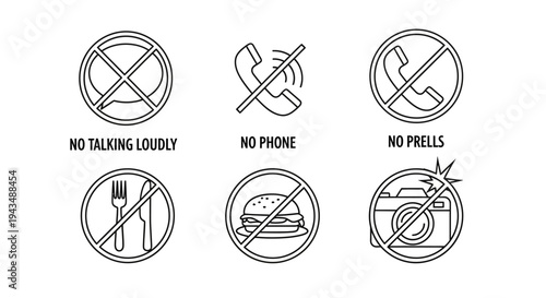 Collection of six graphic icons representing restrictions on noise, phone usage, and certain activities, with accompanying text labels