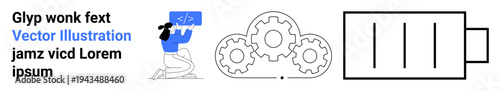 Technology, workflow, coding, sustainable energy, engineering, innovation. A developer writes code, gears mechanics and a battery energy. Technology and workflow concepts