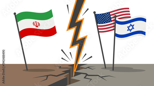 Iran vs US Israel Political Tension – Geopolitical Flags Confrontation Vector
