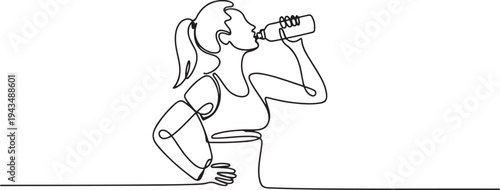 continuous single drawn one line girl athlete drinks water hand-drawn picture silhouette. Line art. Doodle. one line Icon drawing