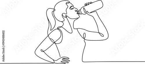 continuous single drawn one line girl athlete drinks water hand-drawn picture silhouette. Line art. Doodle. one line Icon drawing