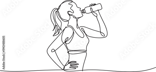 continuous single drawn one line girl athlete drinks water hand-drawn picture silhouette. Line art. Doodle. one line Icon drawing