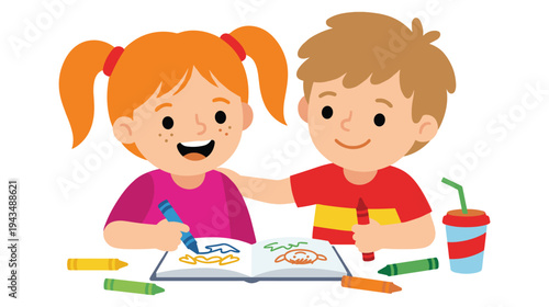 Happy children drawing in notebook with crayons together