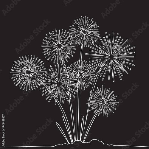 A stylized black and white illustration of a burst of fireworks illuminating the night sky over a dark ground, evoking celebration and spectacle