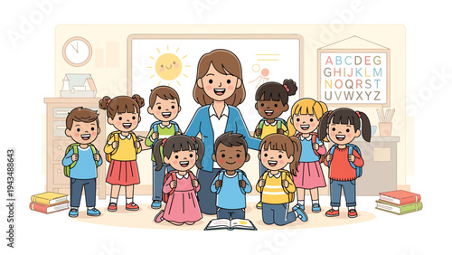 Classroom Harmony: A cheerful educator surrounded by a diverse cohort of pupils, fostering a nurturing learning environment filled with camaraderie and discovery.