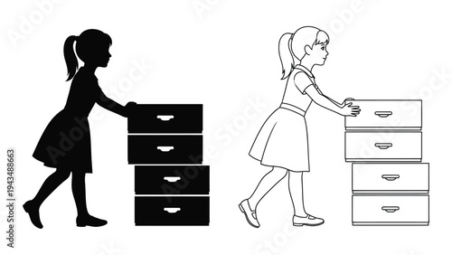 Two girls pushing dressers side by side