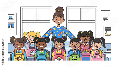 Classroom Harmony: A teacher stands proudly amidst a circle of adorable pupils. The image celebrates the essence of education, friendship, and the growth of bright young minds.