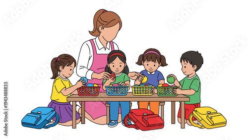 Education Time: A teacher interacts with several small students in a vibrant classroom setting. They're engaging in a playful activity