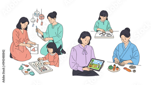 Artistic Family Moment: This image captures a series of heartwarming moments of a family creating art together, focusing on connection, creativity, and the joy of making.