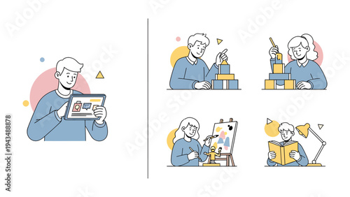 Creative Pursuit: A captivating illustration showcases a collection of individuals engrossed in diverse artistic and intellectual endeavors, painting, reading, building with blocks.