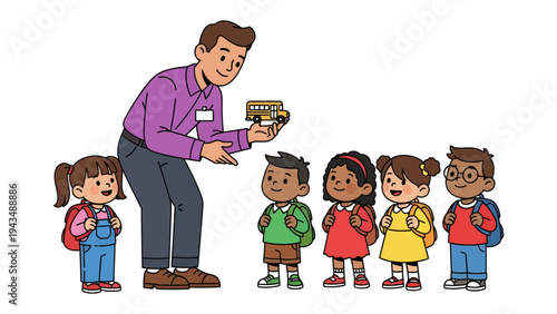 School Bus Instruction: A teacher shows a group of children a model school bus, preparing them for a safe and educational school year.
