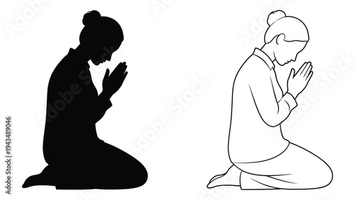 A woman in two different styles praying with her hands clasped together