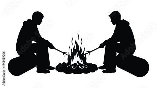 Two people roasting hot dogs over a campfire