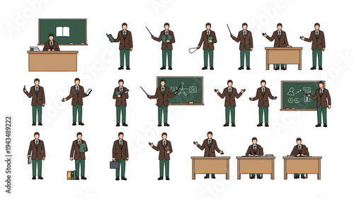 The Professor's Lecture: A comprehensive collection of illustrations of a professor in various poses, from lecturing and presenting to interacting with the chalkboard, desk. Perfect for educational.