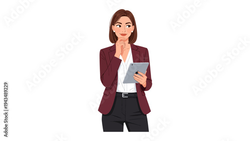 Thoughtful contemplation with tablet: A professional woman ponders with a tablet in hand. The scene captures introspection, decision-making, and intellectual focus.