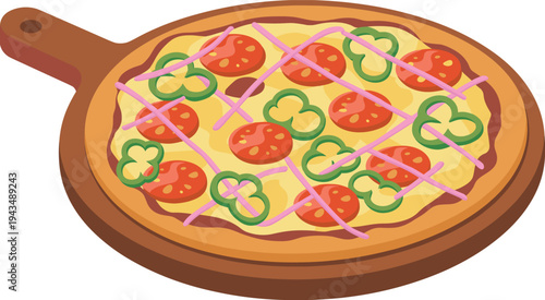 Fresh vegetable pizza on wooden board, pepperoni cheese pizza illustration, italian fast food, colorful toppings, restaurant menu design
