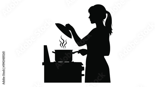 Woman cooking with a pan on the stove