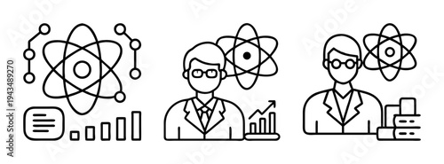 Illustration of scientists with atom structure and data graphs for science research and analysis