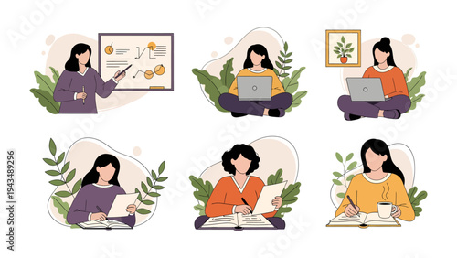 Diverse Women Engaging in Various Activities: Depicting a series of women engaged in diverse activities, representing modern lifestyle and professional environment.