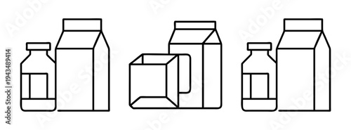 Outline drawing of milk cartons juice boxes and glass bottles for beverage packaging design ideas