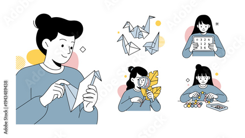 Origami Crafting: A person meticulously folds a piece of paper, crafting an origami figure, a testament to patience and creativity. Surrounded by other origami creations.