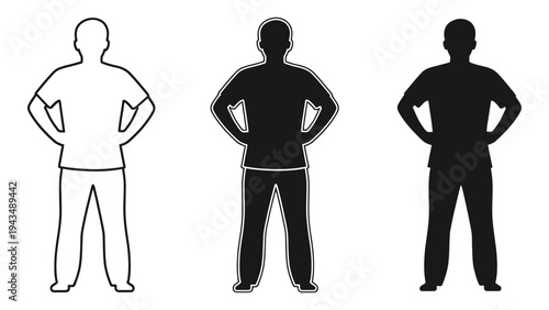 Three male silhouettes standing with hands on hips