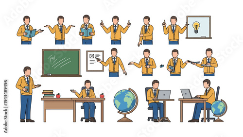Teacher's Toolkit: A comprehensive collection of illustrations showcases a teacher in various poses, highlighting the diverse tools and settings integral to education. 