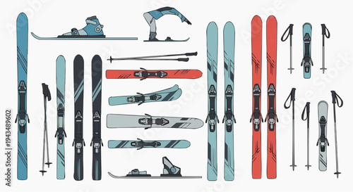 Ski equipment set including skis and poles. The skis come in different colors, sizes, and designs for various purposes. The illustration shows a variety of ski gear