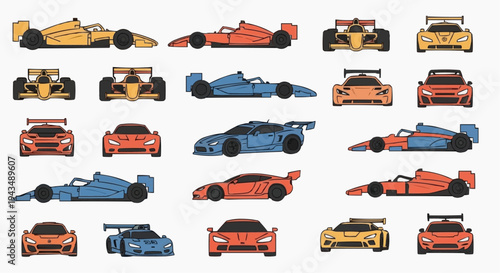 A collection of colorful racing cars, showcasing various angles and designs. The illustrations highlight the dynamic form of speed and competition. 