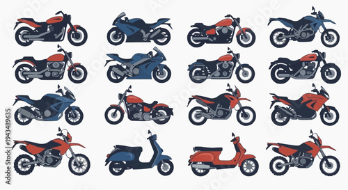Collection of diverse motorcycle types. This image shows a collection of various motorcycle types with different styles, colors, and designs