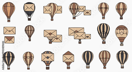 Collection of vintage hot air balloons with attached envelopes, ready to transport messages across the sky. The collection of design show variations in size, color, and attachment methods