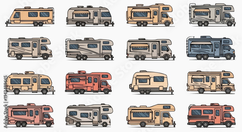RV models in different colors, side views. The image features a diverse range of recreational vehicle designs, showcased from a side perspective