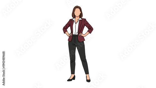 Confident Professional Woman: A poised professional woman with hands on hips, radiating confidence and business-savviness. The sharp style and look of the woman speaks for the success.