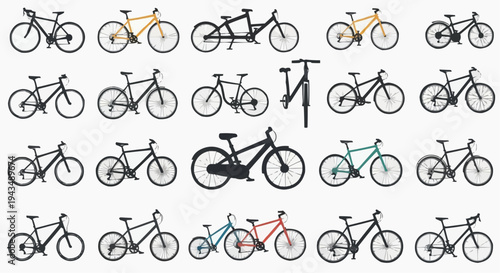 Collection of various bicycles, each with a unique design and color. A display of cycling options, suitable for different riders and terrains. 