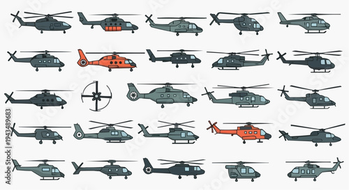 A variety of illustrated helicopters of different types, presented against a plain backdrop. The helicopters are of various designs and colors.