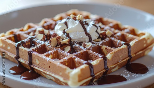 Waffle Topped with Chocolate Spread and Chopped Hazelnuts