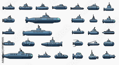 A collection of detailed submarine illustrations in various designs