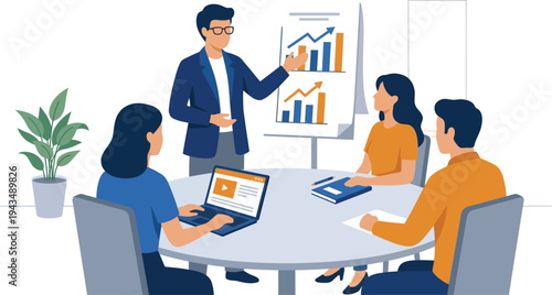 A group of business professionals engaged in a meeting with a presentation and laptop