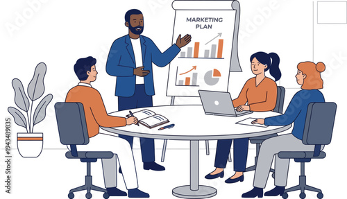 A diverse team of business professionals discussing a marketing plan in a modern office setting