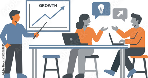A group of business professionals discussing growth and ideas in a meeting with a graph presentation