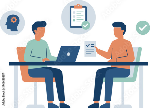 Two men sitting at a desk with a laptop and paperwork discussing business strategy in a meeting