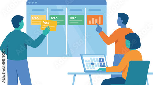 A group of people working together on a project management task board with sticky notes and a laptop