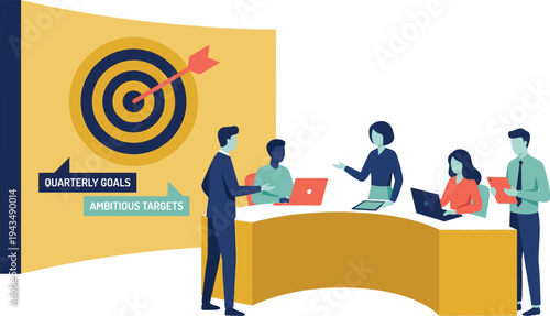 A group of business professionals discussing quarterly goals and ambitious targets in a meeting