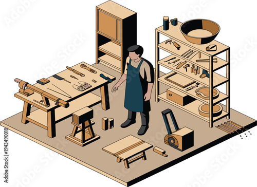 Isometric carpenter workshop illustration, woodworker crafting furniture, woodworking tools workspace, artisan craftsman studio, traditional carpentry interior vector design