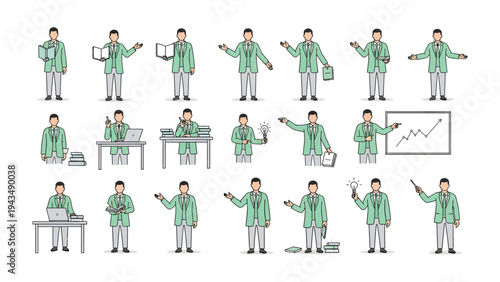 Business Professional in Action: A comprehensive set of illustrations depicting a business professional in various poses and situations, engaging with different objects and contexts.