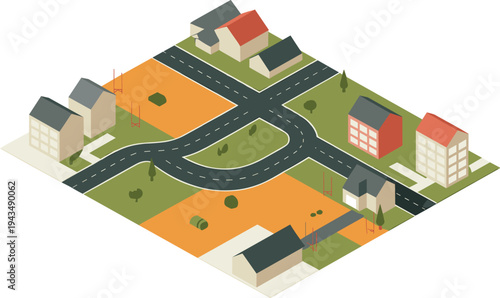 Isometric suburban neighborhood map illustration, winding road through houses, residential district vector, urban planning concept, modern city layout